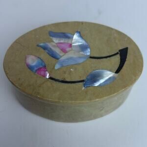 Soapstone Trinket Box W/Mother of Pearl Inlay Tan 3" x 2.25" x 1.25" EUC India